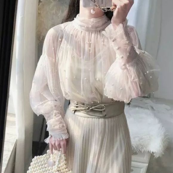 Tops - Pearled Pink Sheer Longsleeve Over Blouse